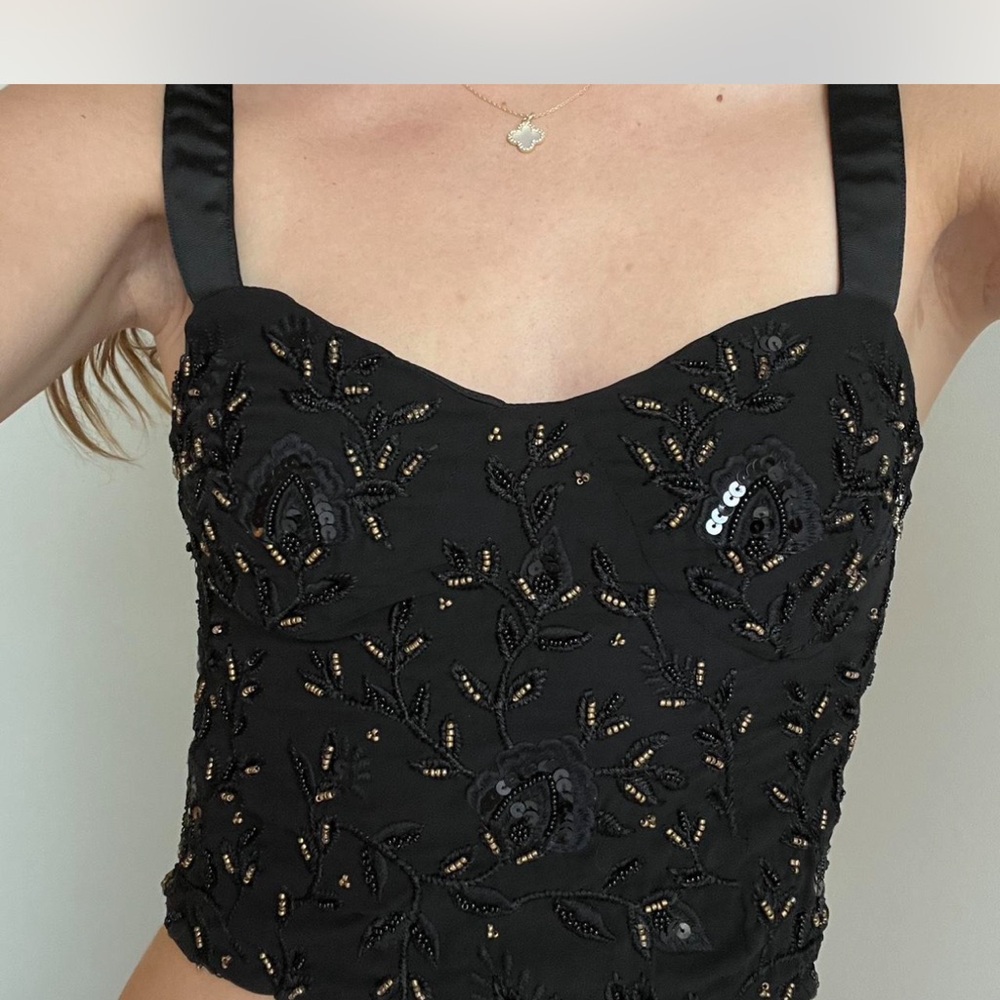 Zara Black Fitted crop top with floral embroidered sequin beading in size small